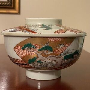 Japanese Hand Painted  Imari Rice Bowl Landscape Decoration Signed with Lid